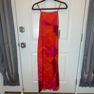 Vibrant Orange Floral Long Dress, Women’s 6
